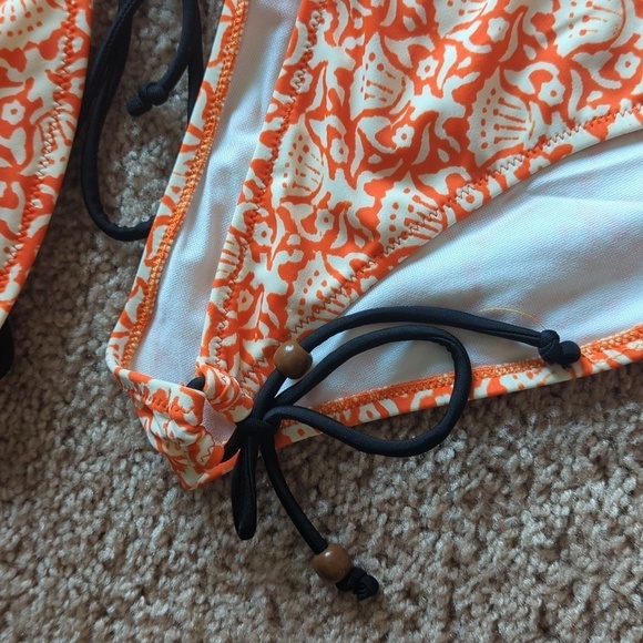 American Eagle Outfitters Orange & Cream String Bikini w Black Beaded Ties L/XL - Picture 3 of 11
